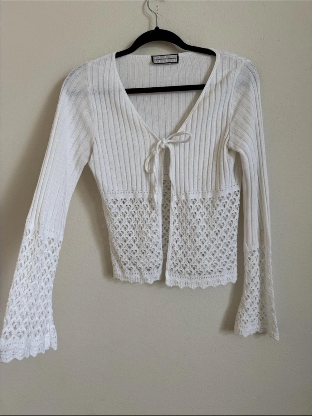 Vintage Y2k White Knit Crochet Lace Tie Front Top Great American Sweater Size M